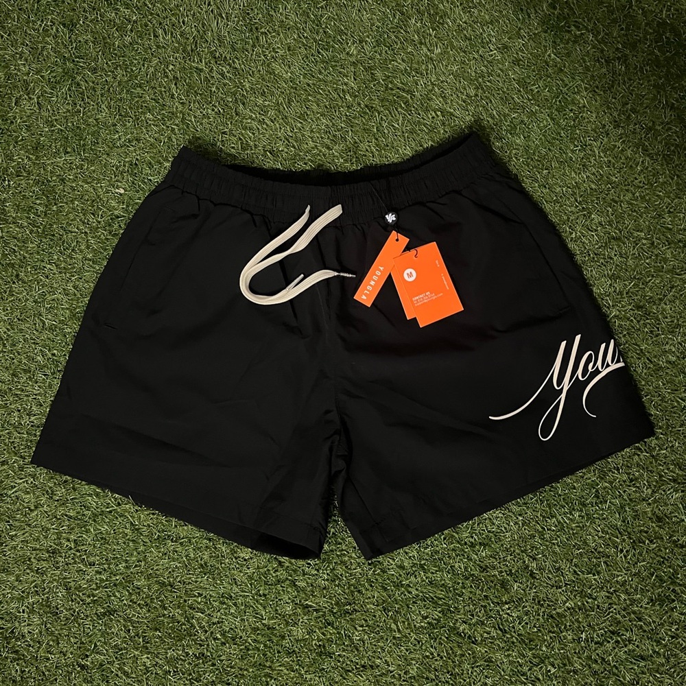 YoungLA Black Swim Shorts with White Drawstring